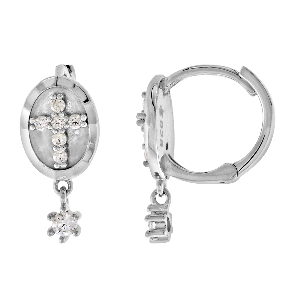 STERLING SILVER CZ MOTHER OF PEARL DANGLING STONE CROSS HUGGIE HINGED HOOP EARRINGS FOR WOMEN 6MM THICK RHODIUM PLATED 1/2 INCH ROUND