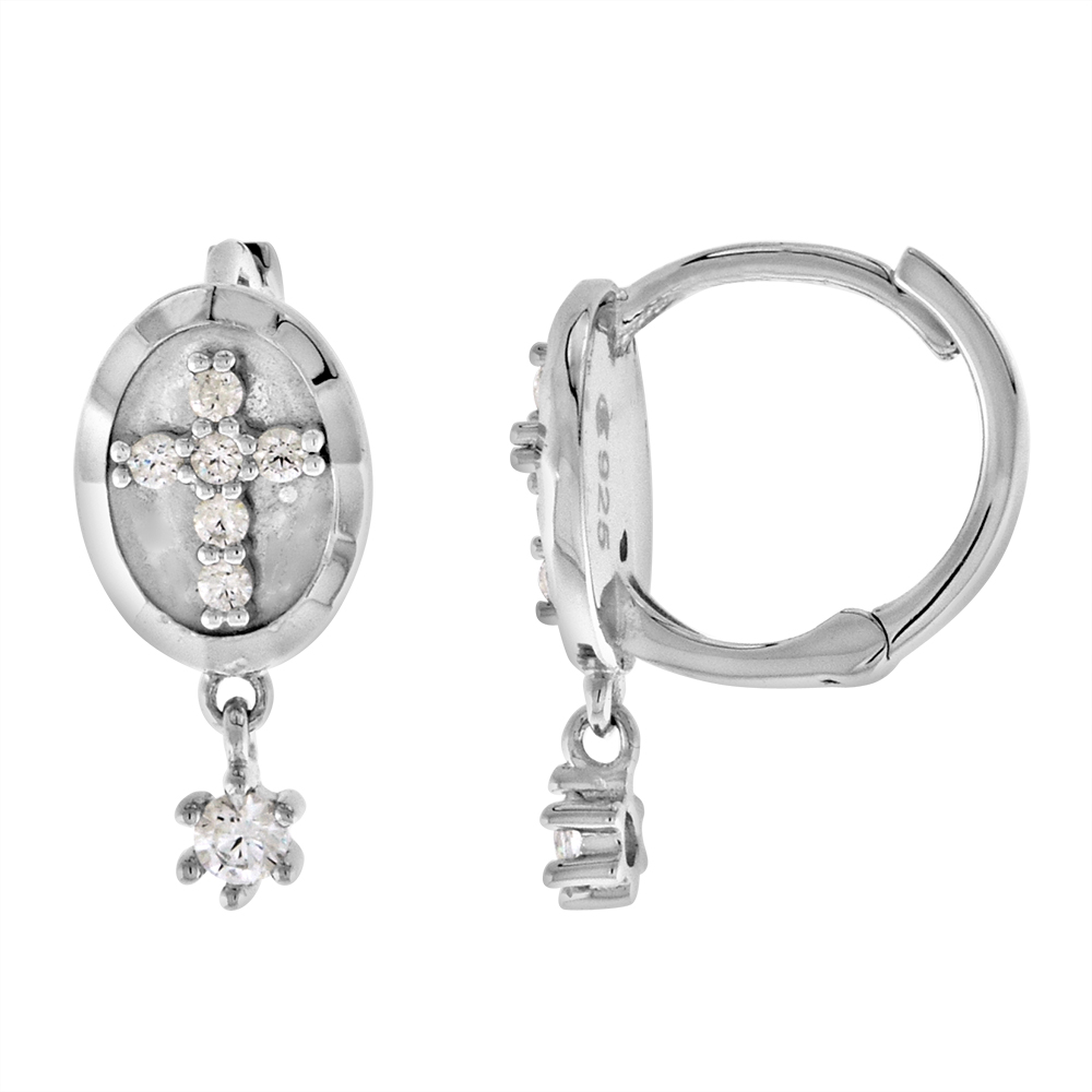 Sterling Silver CZ Mother of Pearl Dangling Stone Cross Huggie Hinged Hoop Earrings for Women 6mm thick Rhodium Plated 1/2 inch Round