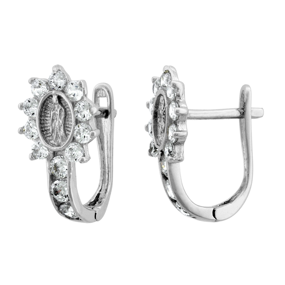 STERLING SILVER CZ GUADALUPE HUGGIE HINGED HOOP EARRINGS FOR WOMEN 8MM THICK RHODIUM PLATED 1/2 INCH ROUND