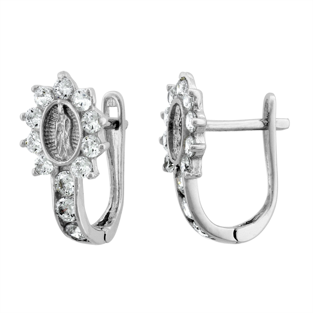 Sterling Silver CZ Guadalupe Huggie Hinged Hoop Earrings for Women 8mm thick Rhodium Plated 1/2 inch Round