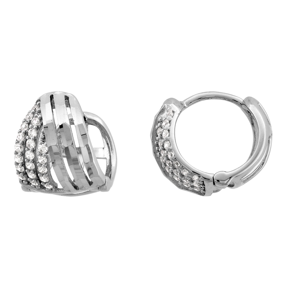 STERLING SILVER MICROPAVE 3 ROW CZ DOMED HUGGIE HINGED HOOP EARRINGS FOR WOMEN 10MM THICK RHODIUM PLATED 1/2 INCH ROUND