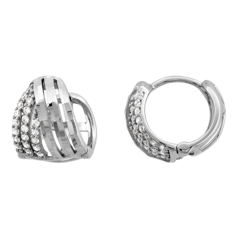 Sterling Silver Micropave 3 Row CZ Domed Huggie Hinged Hoop Earrings for Women 10mm thick Rhodium Plated 1/2 inch Round