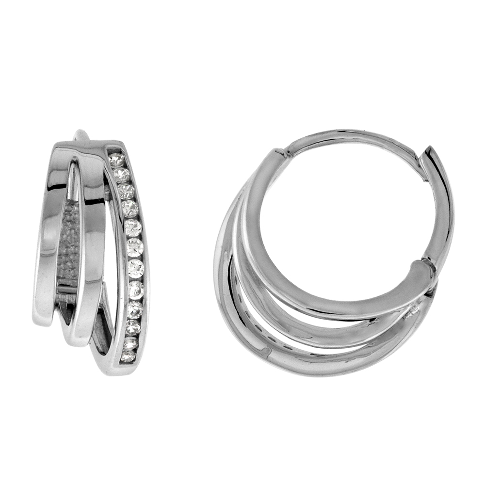Sterling Silver 3 Row CZ Graduated Cut out Huggie Hinged Hoop Earrings for Women 8mm thick Rhodium Plated 1/2 inch Round
