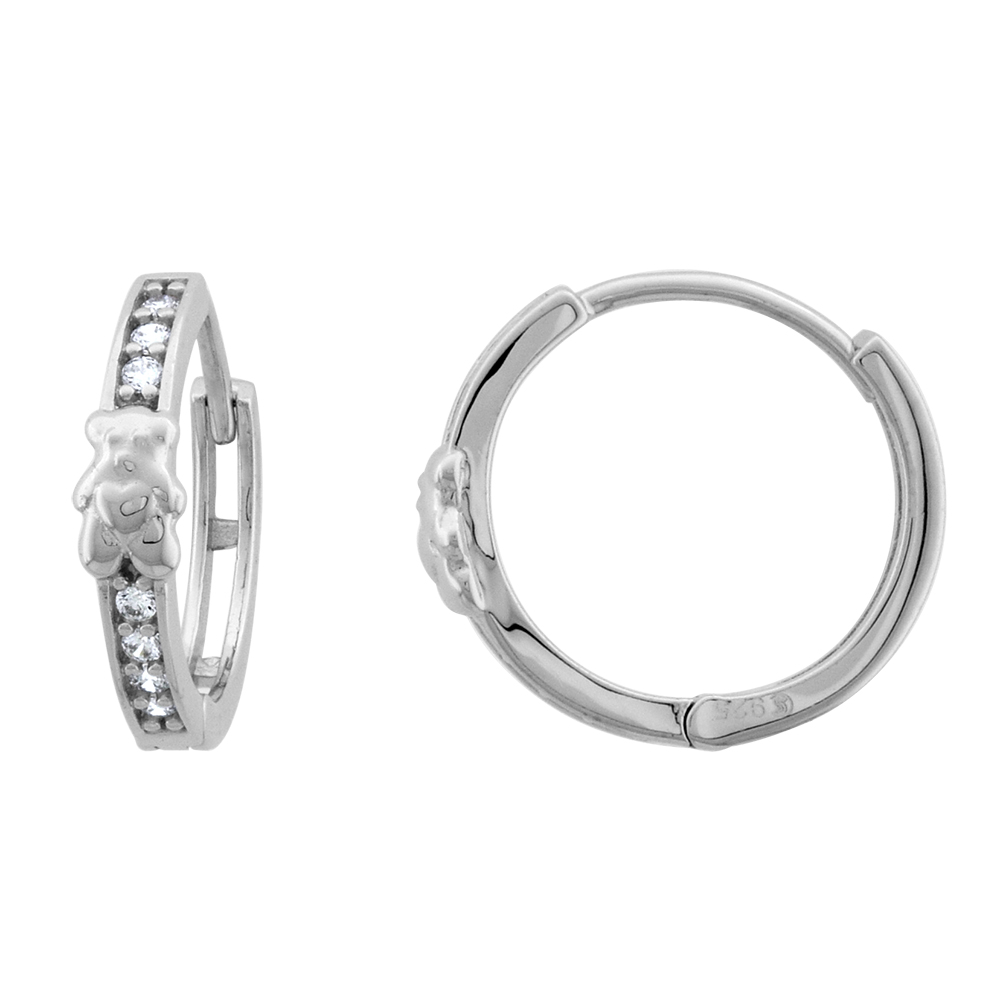 STERLING SILVER CZ TEDDY BEAR HUGGIE HINGED HOOP EARRINGS FOR WOMEN 2MM THICK RHODIUM PLATED 5/8 INCH ROUND