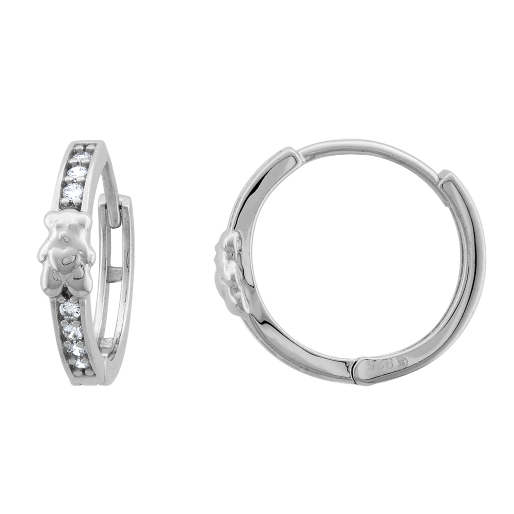 Sterling Silver CZ Teddy Bear Huggie Hinged Hoop Earrings for Women 2mm thick Rhodium Plated 5/8 inch Round