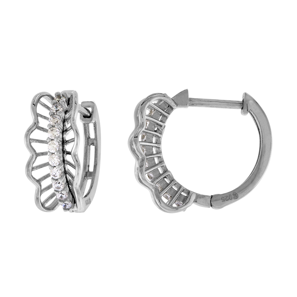 STERLING SILVER CZ FILIGREE HUGGIE HINGED HOOP EARRINGS FOR WOMEN 6MM THICK RHODIUM PLATED 5/8 INCH ROUND
