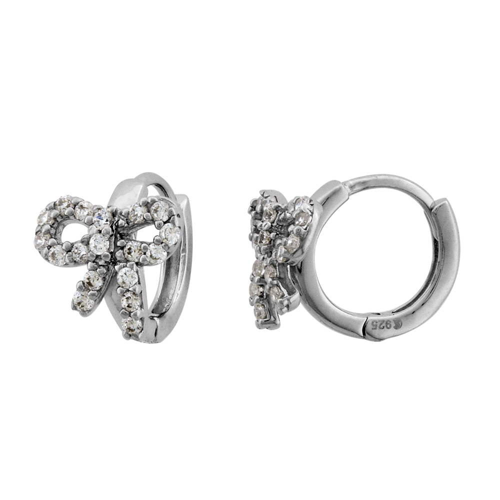 STERLING SILVER CZ RIBBON BOW HUGGIE HINGED HOOP EARRINGS FOR WOMEN 10MM THICK RHODIUM PLATED 1/2 INCH ROUND