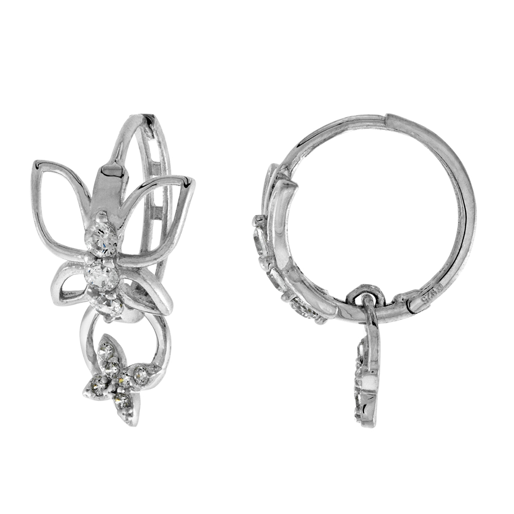 STERLING SILVER CZ DANGLING STAR BUTTERFLY HUGGIE HINGED HOOP EARRINGS FOR WOMEN 10MM THICK RHODIUM PLATED 1/2 INCH ROUND