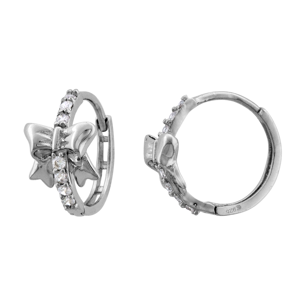 STERLING SILVER CZ RIBBON HUGGIE HINGED HOOP EARRINGS FOR WOMEN 7MM THICK RHODIUM PLATED 1/2 INCH ROUND