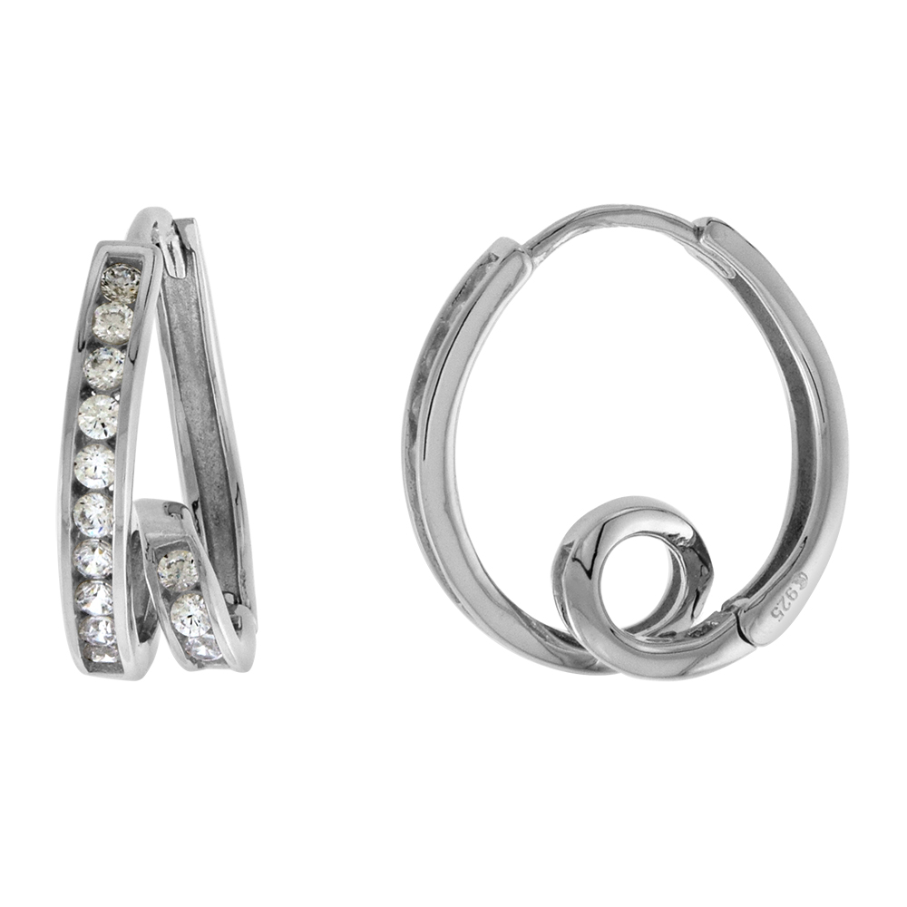 STERLING SILVER CZ LOOPED HUGGIE HINGED HOOP EARRINGS FOR WOMEN 6MM THICK RHODIUM PLATED 5/8 INCH ROUND