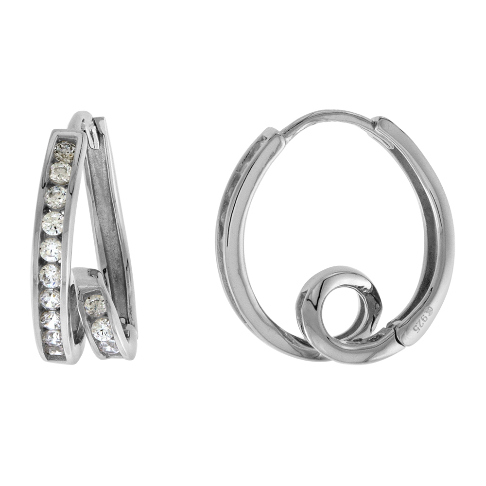 Sterling Silver CZ Looped Huggie Hinged Hoop Earrings for Women 6mm thick Rhodium Plated 5/8 inch Round
