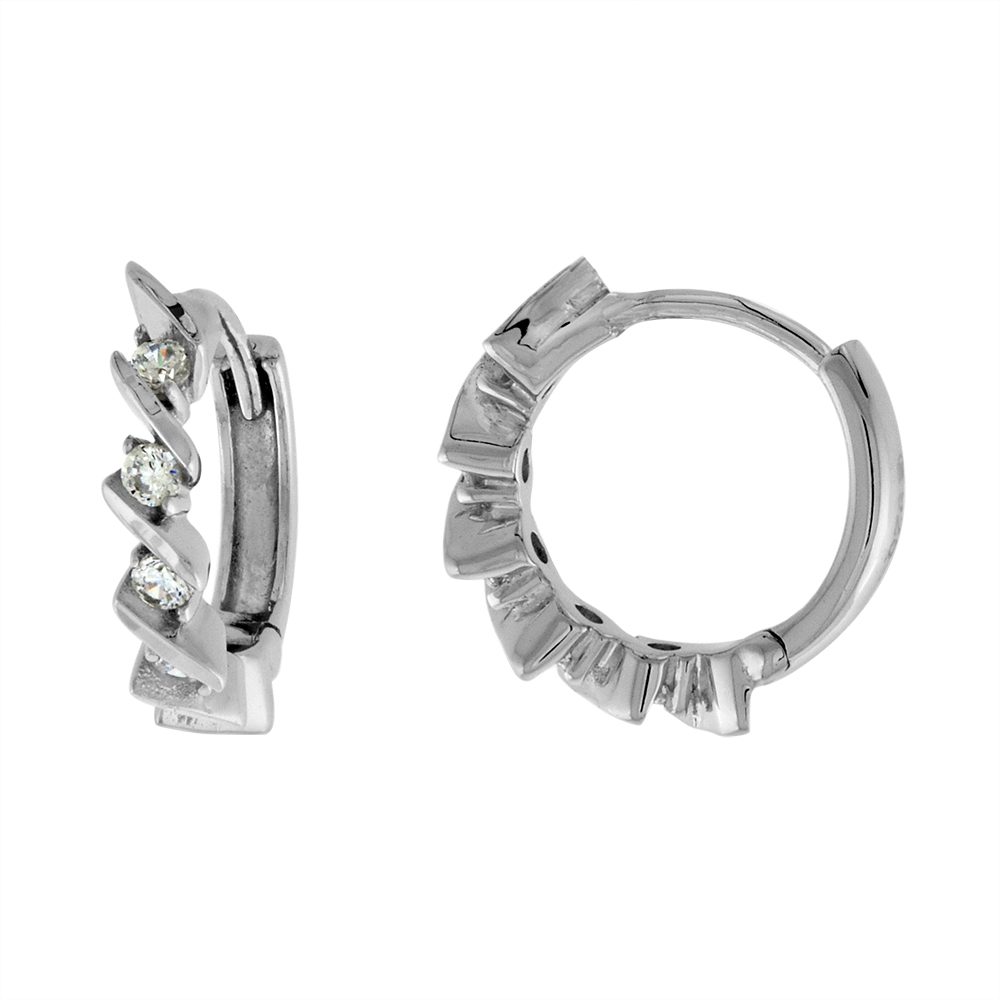 STERLING SILVER CZ BAR SET HUGGIE HINGED HOOP EARRINGS FOR WOMEN 3MM THICK RHODIUM PLATED 1/2 INCH ROUND
