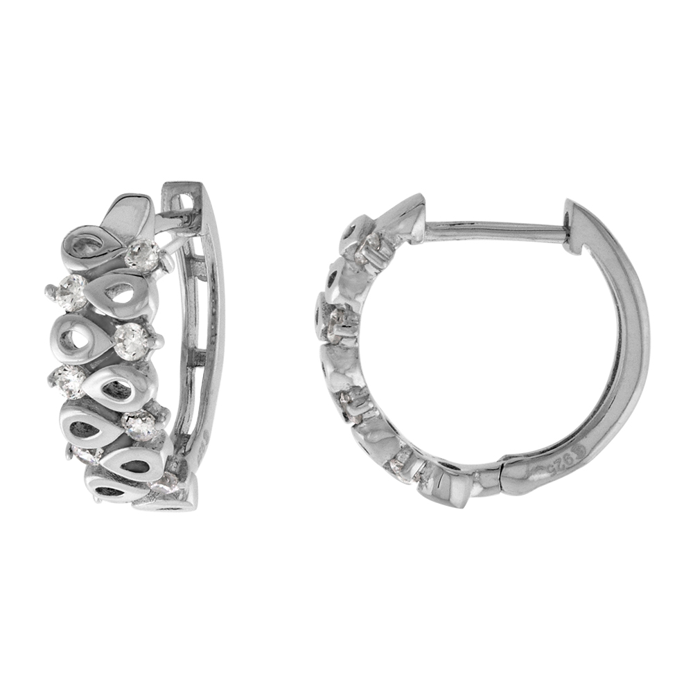 STERLING SILVER CZ TEARDROPS HUGGIE HINGED HOOP EARRINGS FOR WOMEN 5MM THICK RHODIUM PLATED 5/8 INCH ROUND