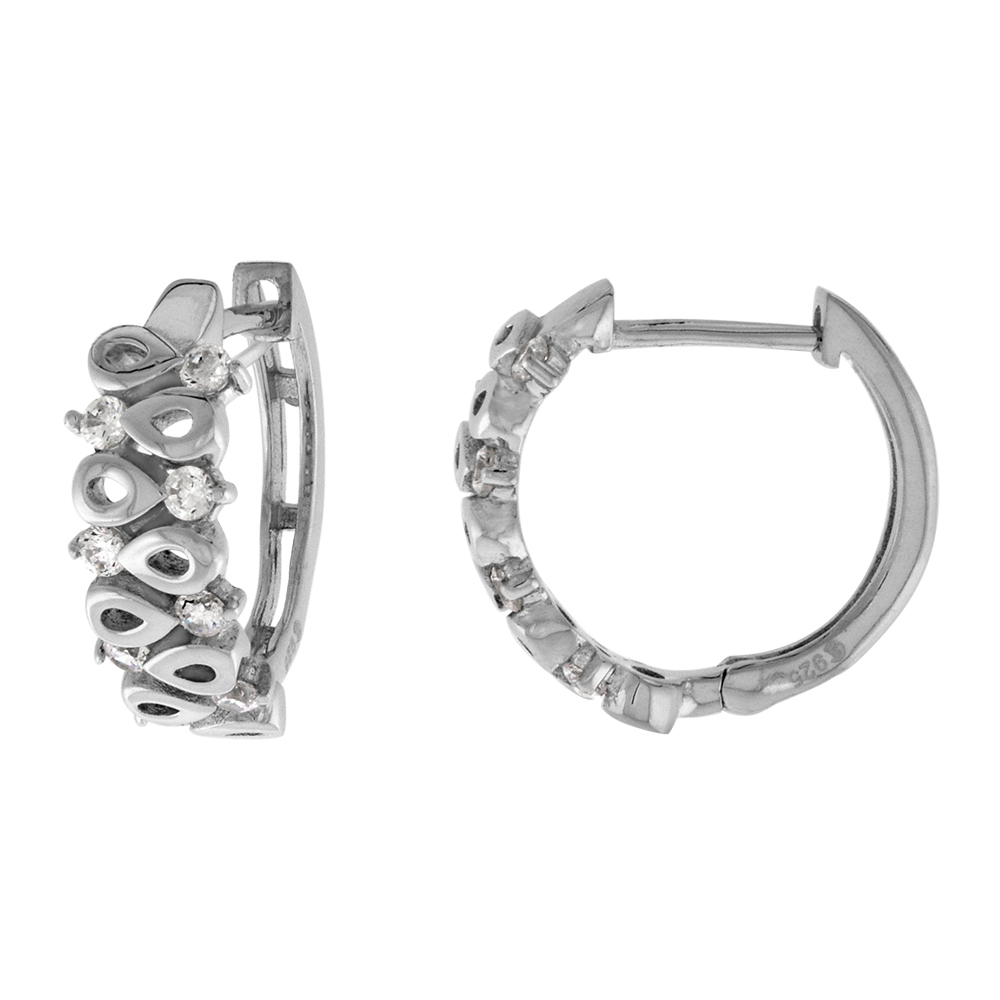 Sterling Silver CZ Teardrops Huggie Hinged Hoop Earrings for Women 5mm thick Rhodium Plated 5/8 inch Round