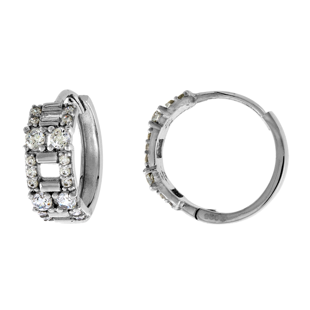 STERLING SILVER CZ SQUARE LINK HUGGIE HINGED HOOP EARRINGS FOR WOMEN 5MM THICK RHODIUM PLATED 5/8 INCH ROUND
