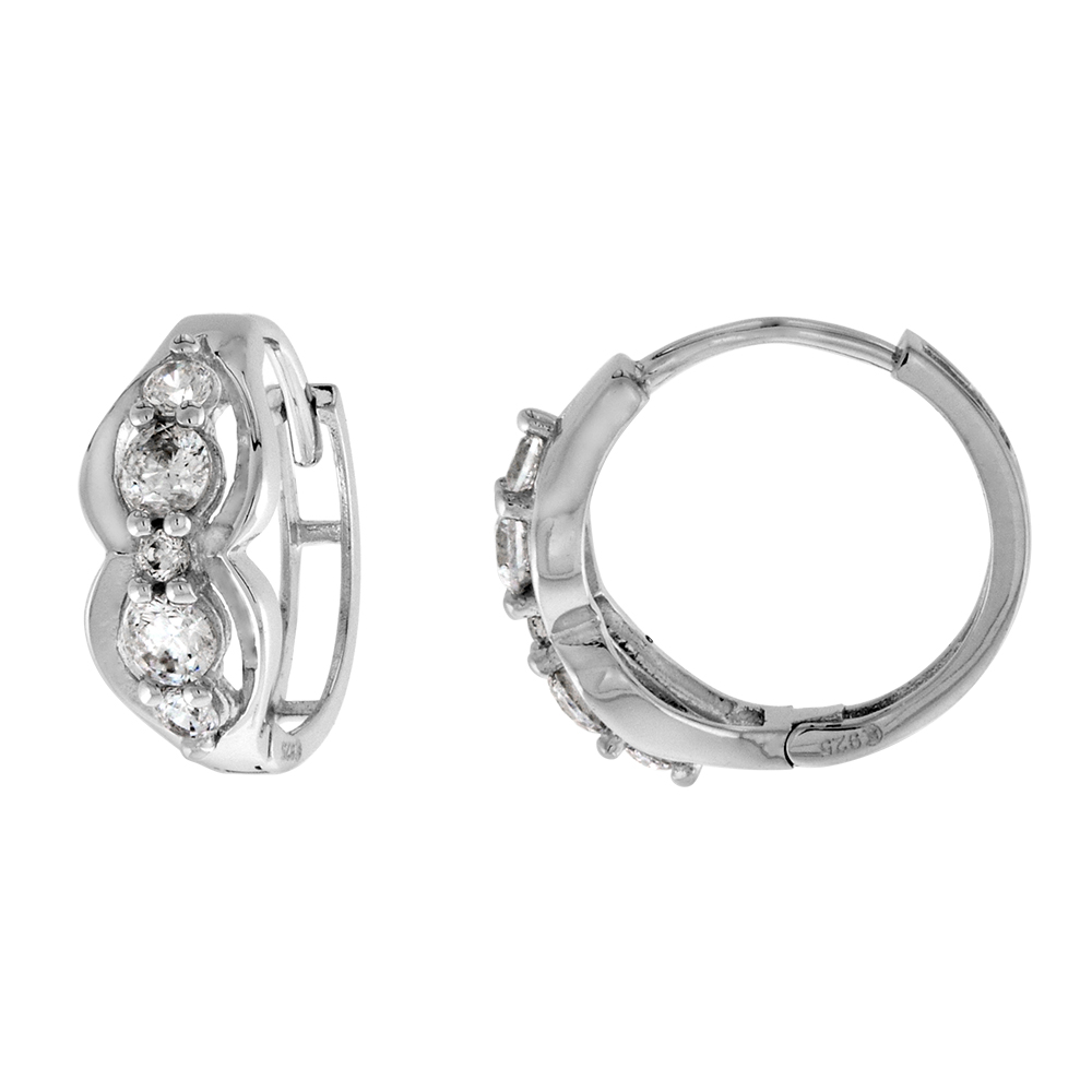 STERLING SILVER FIVE STONE CZ INFINITY HUGGIE HINGED HOOP EARRINGS FOR WOMEN 5MM THICK RHODIUM PLATED 1/2 INCH ROUND