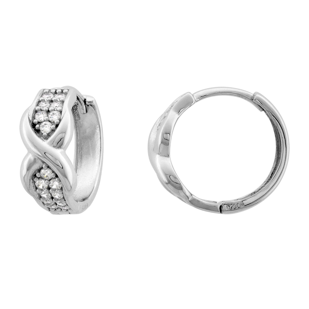 STERLING SILVER CZ CRISSCROSS X HUGGIE HINGED HOOP EARRINGS FOR WOMEN 6MM THICK RHODIUM PLATED 5/8 INCH ROUND