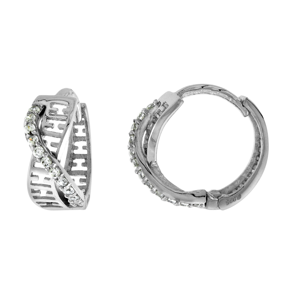 STERLING SILVER CZ CROSSOVER H HUGGIE HINGED HOOP EARRINGS FOR WOMEN 5MM THICK RHODIUM PLATED 1/2 INCH ROUND