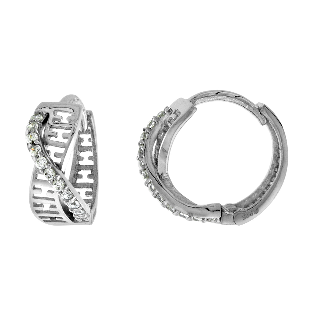 Sterling Silver CZ Crossover H Huggie Hinged Hoop Earrings for Women 5mm thick Rhodium Plated 1/2 inch Round