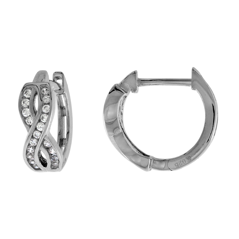 STERLING SILVER CHANNEL SET CZ INFINITY HUGGIE HINGED HOOP EARRINGS FOR WOMEN 4MM THICK RHODIUM PLATED 1/2 INCH ROUND