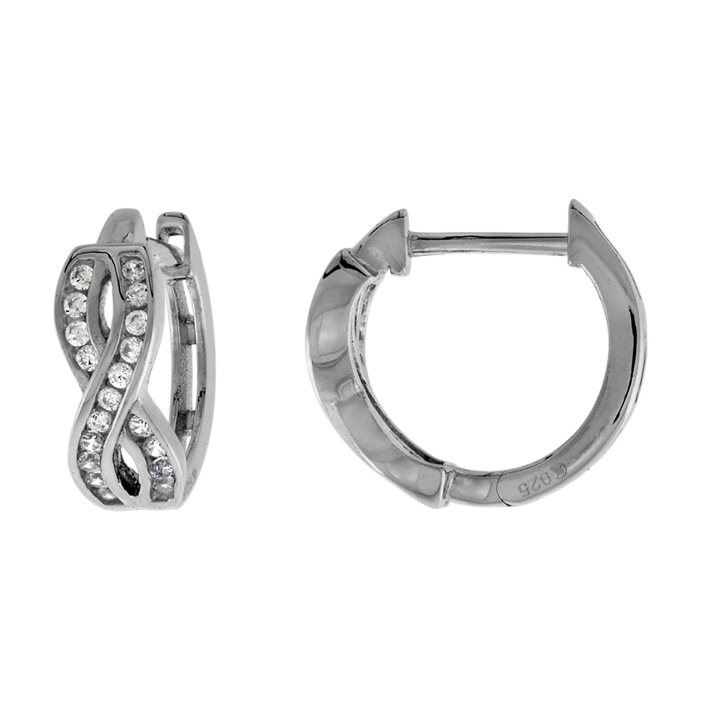 Sterling Silver Channel Set CZ Infinity Huggie Hinged Hoop Earrings for Women 4mm thick Rhodium Plated 1/2 inch Round