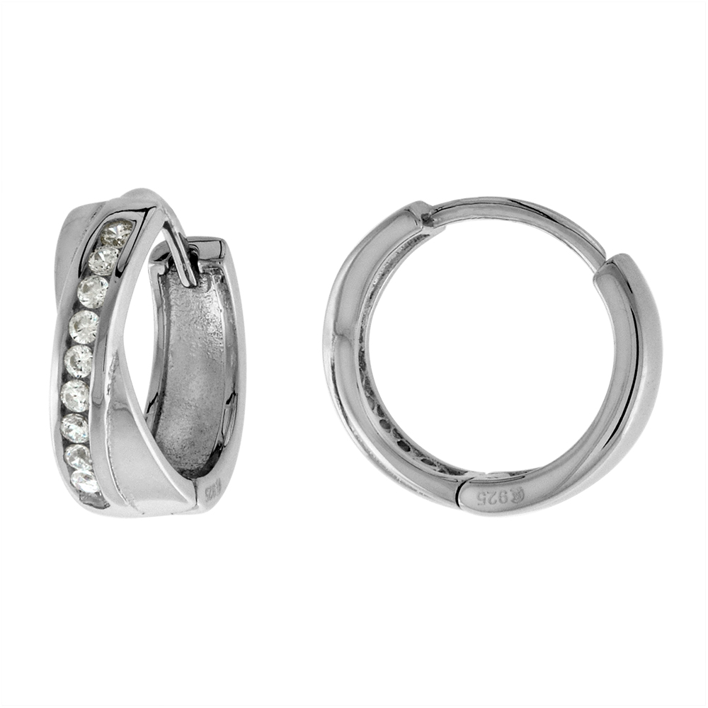 STERLING SILVER CZ CROSSOVER HUGGIE HINGED HOOP EARRINGS FOR WOMEN 4MM THICK RHODIUM PLATED 1/2 INCH ROUND