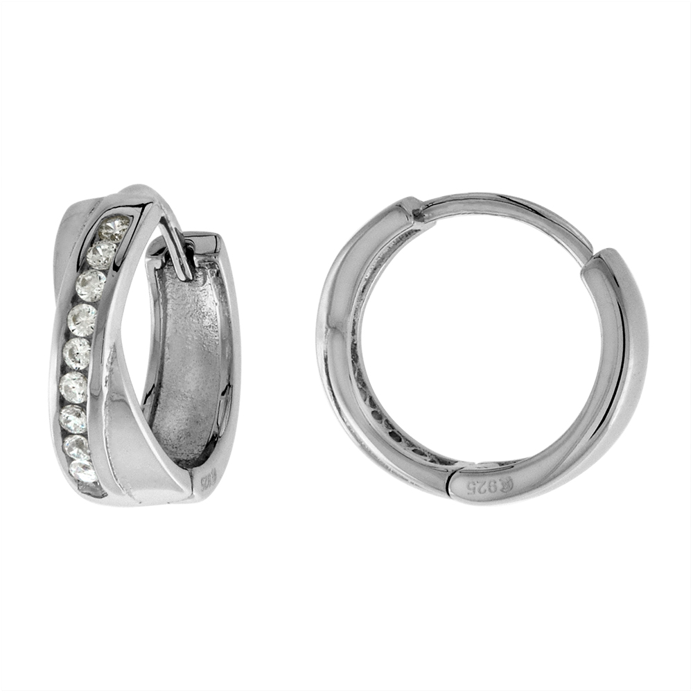 Sterling Silver CZ Crossover Huggie Hinged Hoop Earrings for Women 4mm thick Rhodium Plated 1/2 inch Round