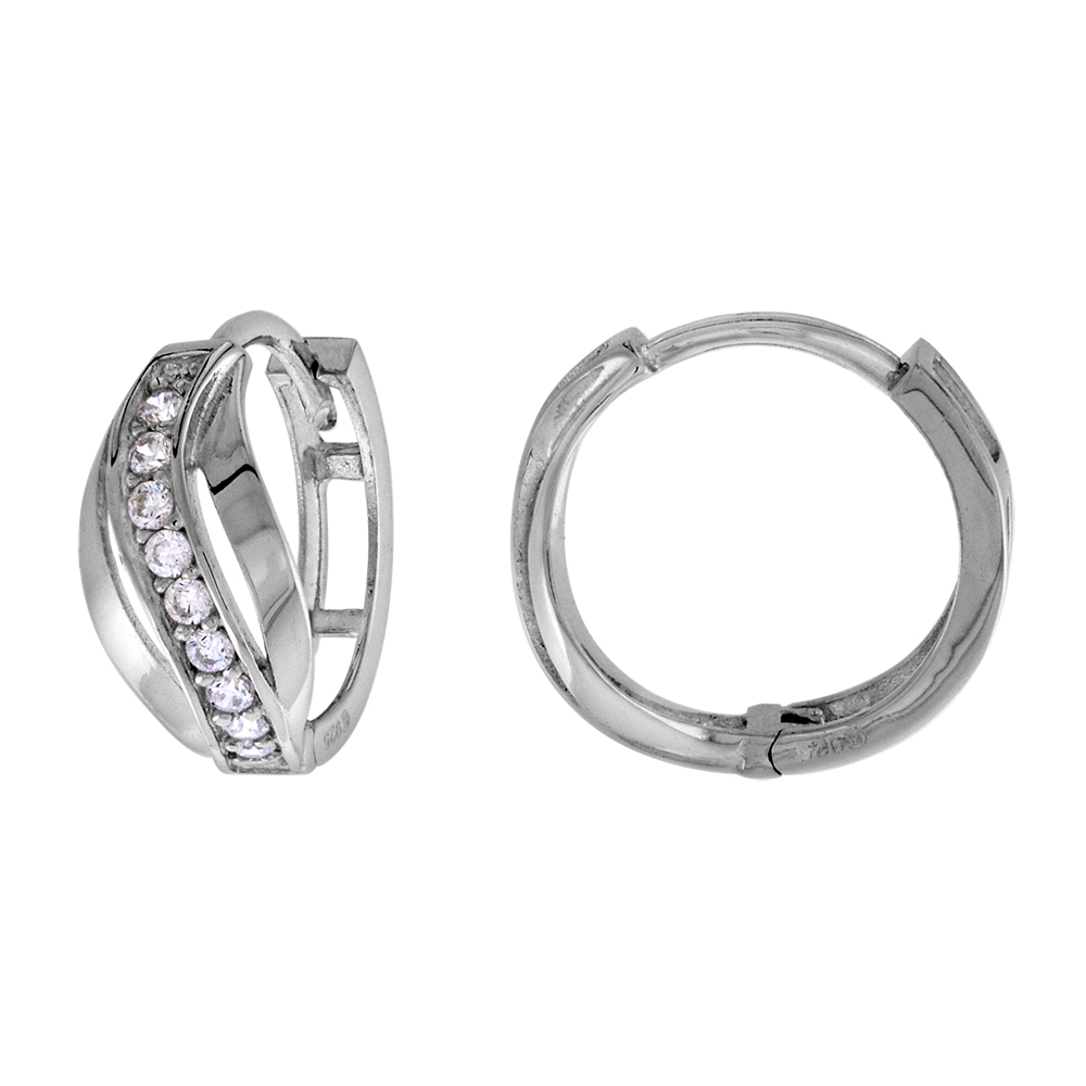 STERLING SILVER CZ S CURVE STRIPED HUGGIE HINGED HOOP EARRINGS FOR WOMEN 6MM THICK RHODIUM PLATED 1/2 INCH ROUND