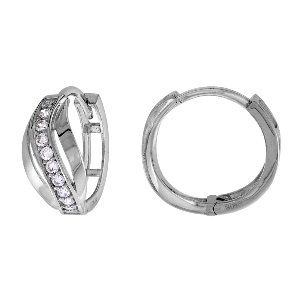 Sterling Silver CZ S Curve Striped Huggie Hinged Hoop Earrings for Women 6mm thick Rhodium Plated 1/2 inch Round