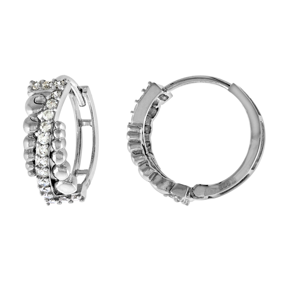 STERLING SILVER CZ BEADED HUGGIE HINGED HOOP EARRINGS FOR WOMEN 5MM THICK RHODIUM PLATED 5/8 INCH ROUND