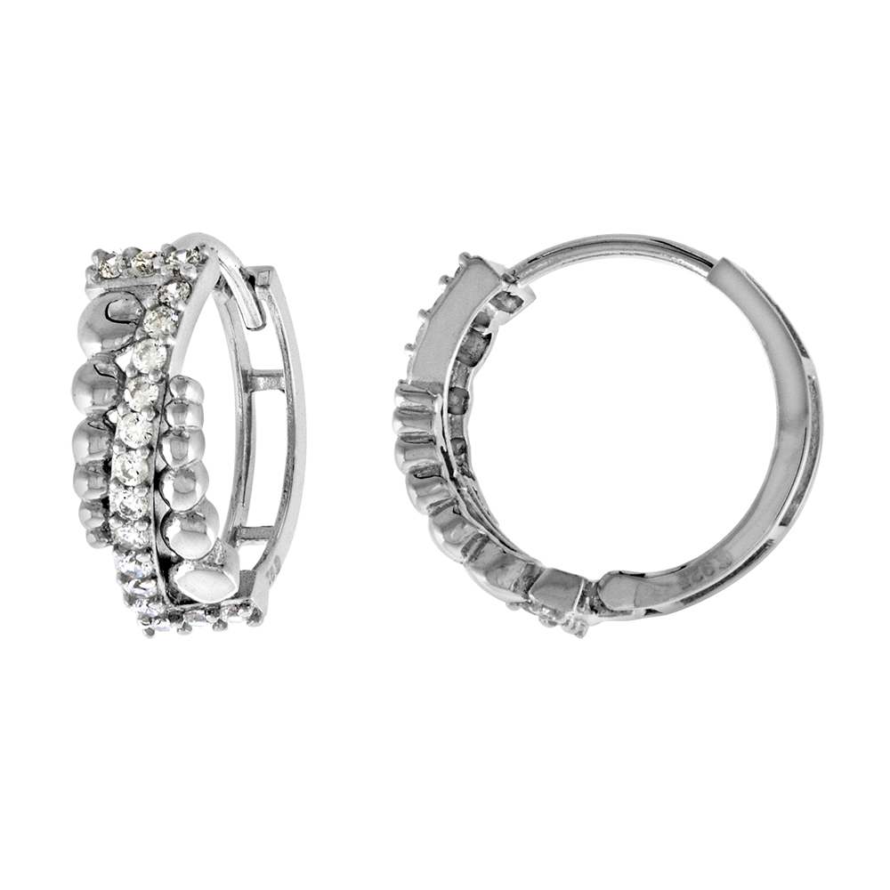 Sterling Silver CZ Beaded Huggie Hinged Hoop Earrings for Women 5mm thick Rhodium Plated 5/8 inch Round