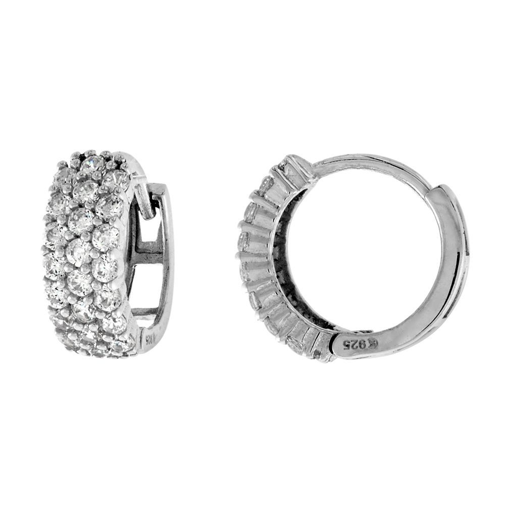 STERLING SILVER MICROPAVE CZ DAINTY 3 ROW HUGGIE HINGED HOOP EARRINGS FOR WOMEN 4MM THICK RHODIUM PLATED 1/2 INCH ROUND