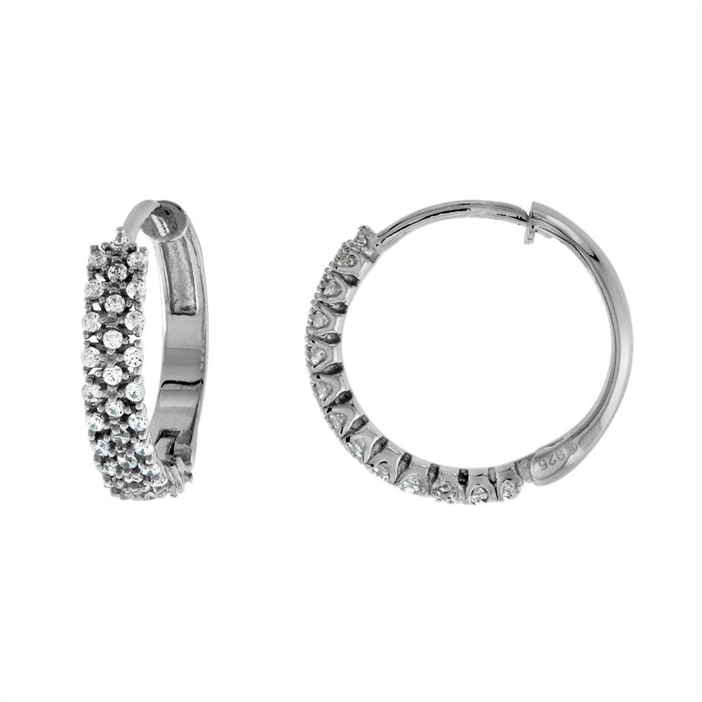 Sterling Silver 3 Row Micropave CZ Thin Flat Huggie Hinged Hoop Earrings for Women 3mm thick Rhodium Plated 5/8 inch Round