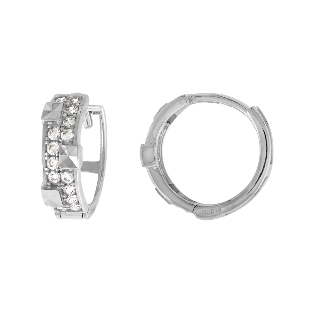 Sterling Silver 2-Row Micropave CZ Pyramids Huggie Hinged Hoop Earrings for Women 4mm thick Rhodium Plated 1/2 inch Round