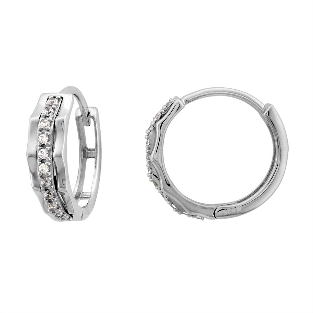 STERLING SILVER CZ WAVY HUGGIE HINGED HOOP EARRINGS FOR WOMEN 4MM THICK RHODIUM PLATED 5/8 INCH ROUND