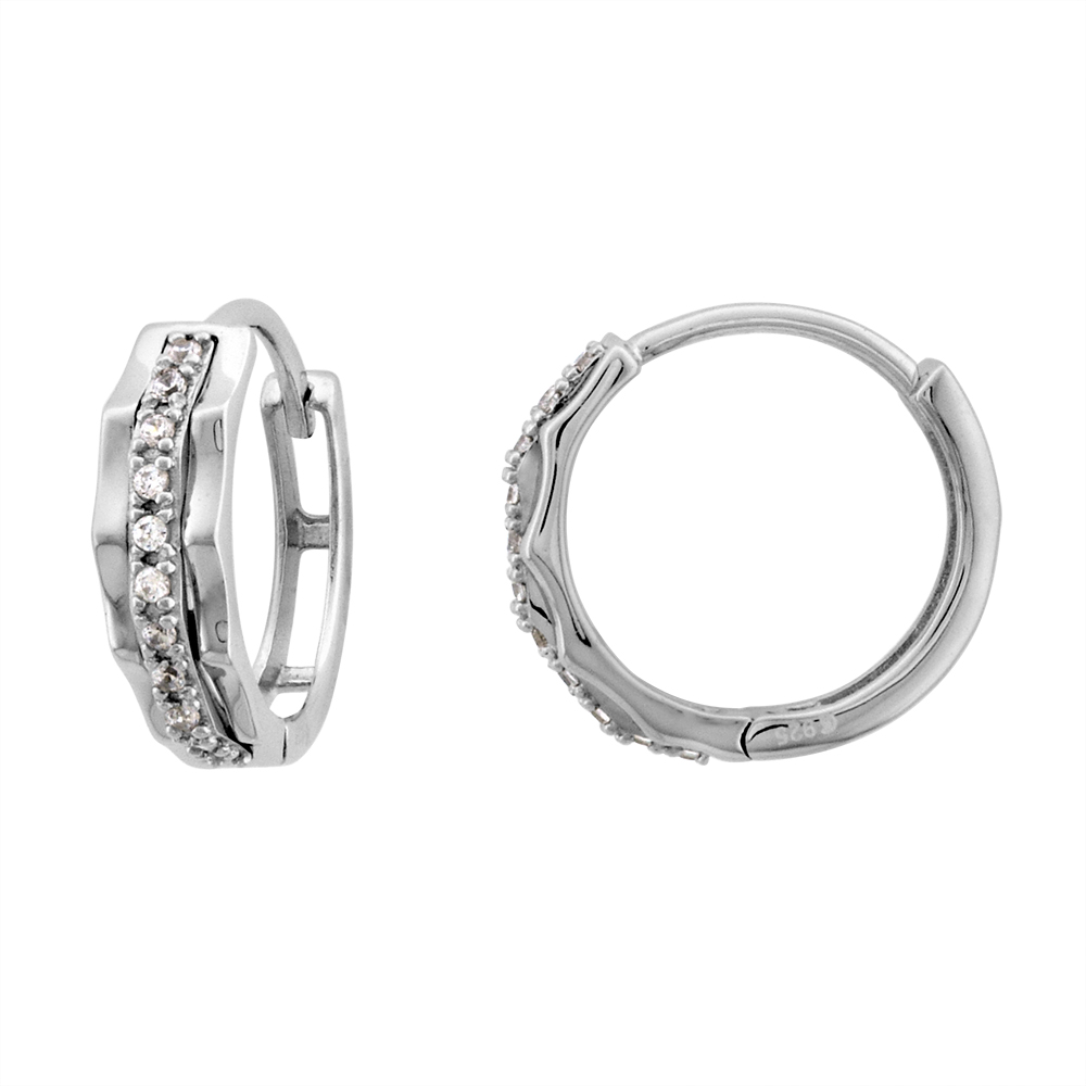 Sterling Silver CZ wavy Huggie Hinged Hoop Earrings for Women 4mm thick Rhodium Plated 5/8 inch Round