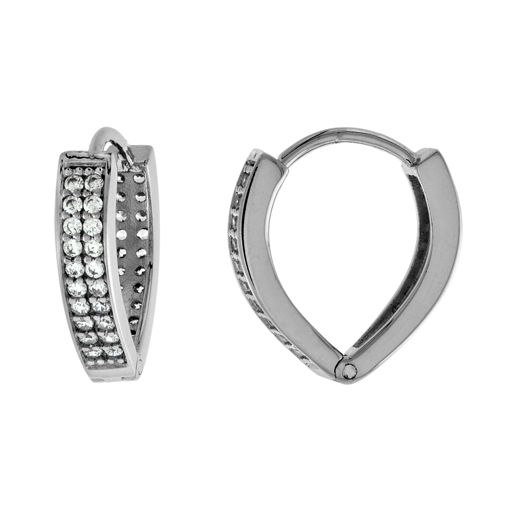 Sterling Silver 2-Row CZ V Shape Huggie Hinged Hoop Earrings for Women 3mm thick Rhodium Plated 1/2 inch Round