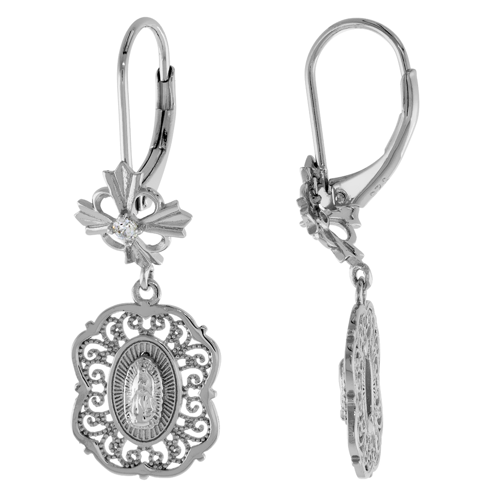 STERLING SILVER CZ DANGLE LEVERBACK GUADALUPE EARRINGS FOR WOMEN TEXTURED FILIGREE CROSS BALE RHODIUM FINISH PINCHED OCTAGON 1/2 INCH WIDE