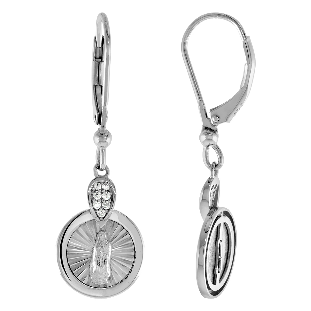 STERLING SILVER CZ DANGLE LEVERBACK EARRINGS FOR WOMEN DIAMOND CUT AUREOLE RHODIUM FINISH 1/2 INCH (12MM) ROUND