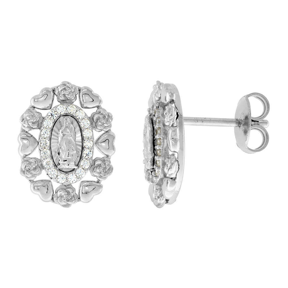 STERLING SILVER MICROPAVE CZ HALO HEARTS & ROSES VIRGIN OF GUADALUPE STUD EARRINGS FOR WOMEN BEZEL RHODIUM FINISH 9/16 OVAL