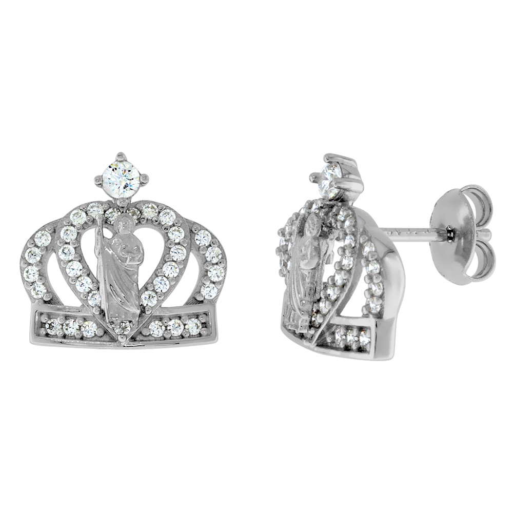 STERLING SILVER MICROPAVE CZ ST JUDE CROWN STUD EARRINGS FOR WOMEN RHODIUM FINISH 3/4 WIDE