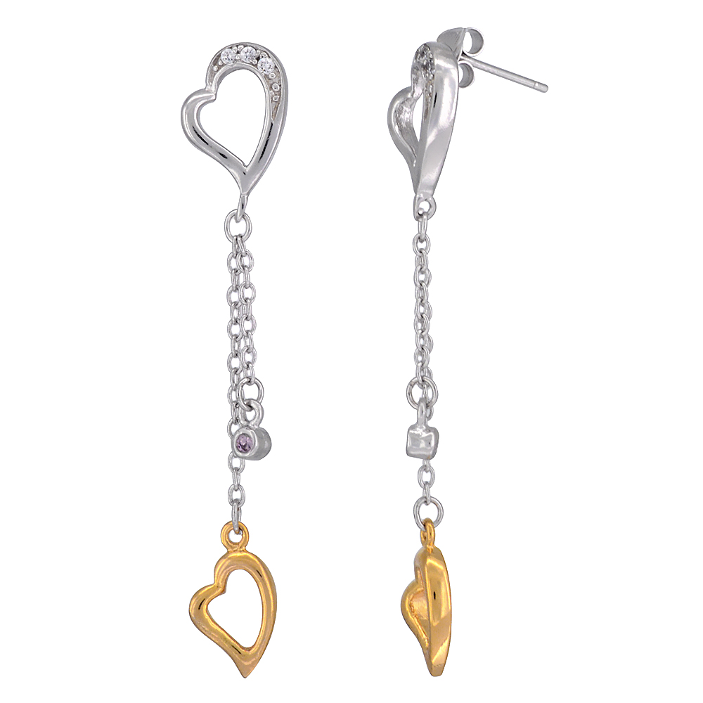 STERLING SILVER HEART DANGLING CZ EARRINGS YELLOW GOLD ACCENT 2 1/8 INCH LONG