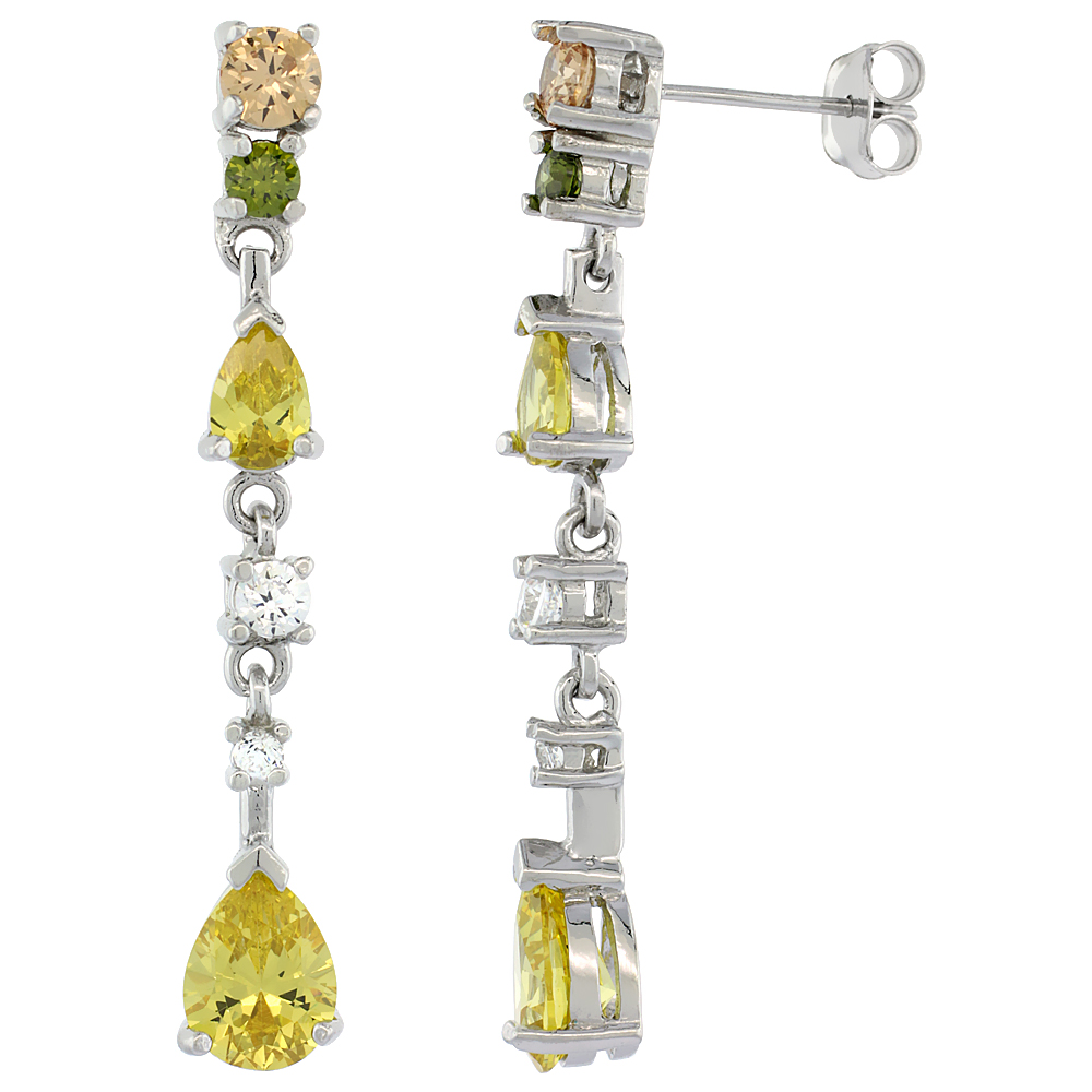 STERLING SILVER TEAR DROP DANGLING CZ EARRINGS PEACH GREEN & YELLOW STONES 1 1/2 INCH LONG
