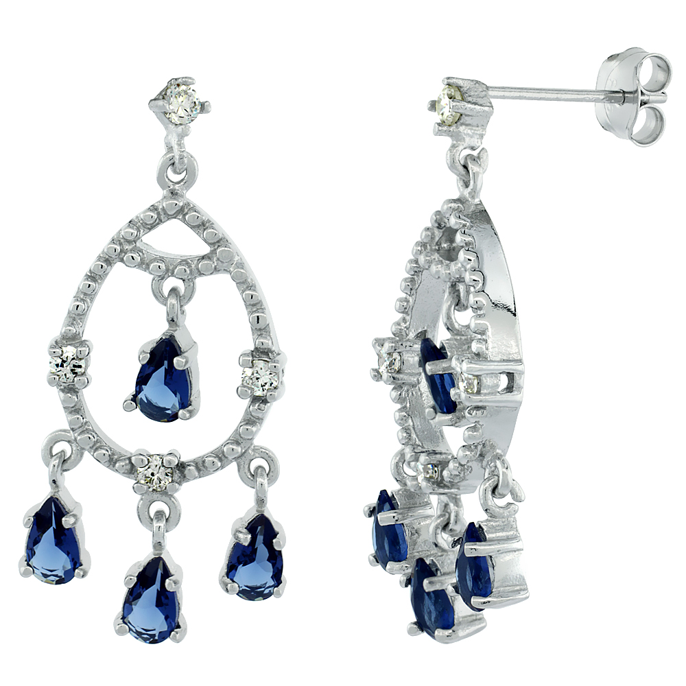STERLING SILVER TEAR DROP GIRANDOLE CZ EARRINGS BLUE & WHITE STONES 1 INCH LONG