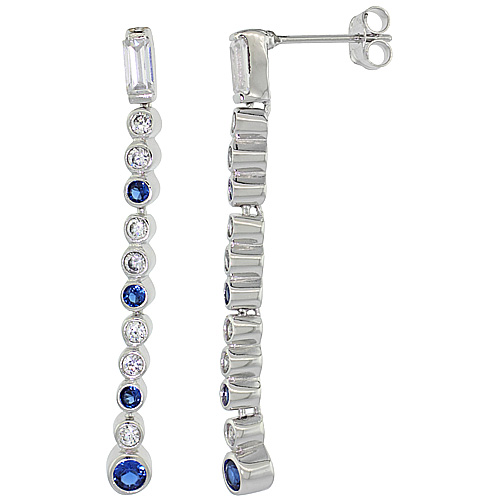 Sterling Silver Multiple CZ Stone Dangling Earrings Blue &amp; White Bezel Set, 1 3/4 inch long