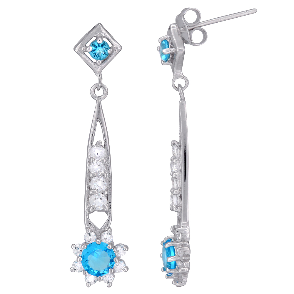 STERLING SILVER ROUND BLUE & WHITE CZ STONE DANGLING EARRINGS 1 1/2 INCH LONG