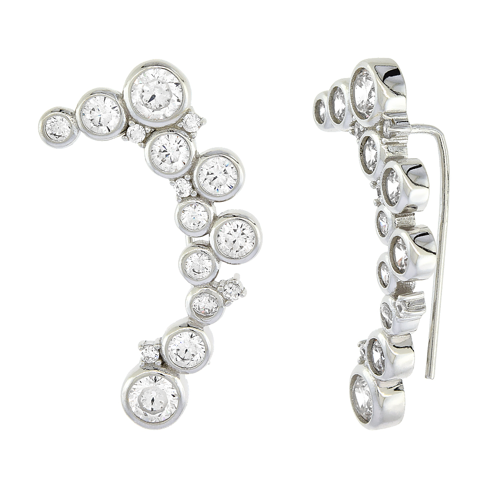 STERLING SILVER CUBIC ZIRCONIA RAINDROP EAR CLIMBER EARRINGS 1 3/16 INCH LONG