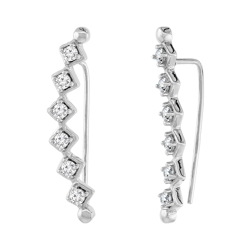 STERLING SILVER CUBIC ZIRCONIA SQUARE EAR CLIMBER EARRINGS 1 1/16 INCH LONG