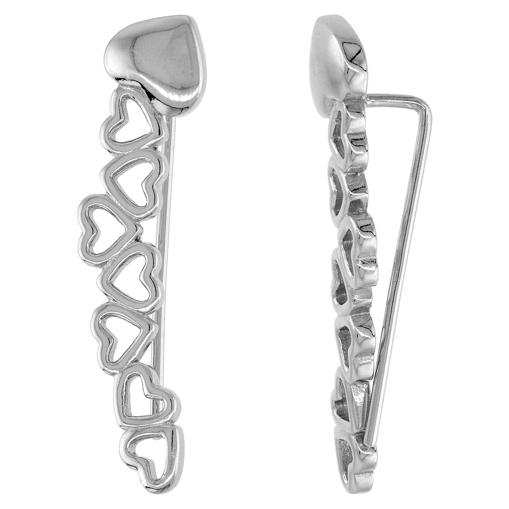 STERLING SILVER SWEEP UP HEARTS EAR CLIMBER HOOK EARRINGS 1 1/16 INCH LONG