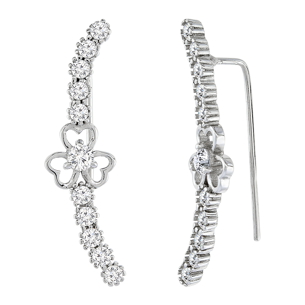 STERLING SILVER CUBIC ZIRCONIA CLOVER HEART EAR CLIMBER EARRINGS 1 3/16 INCH LONG
